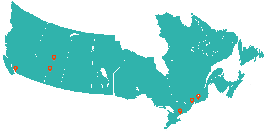 Map of Canada showing KNIT Solutions service areas in Toronto, Ottawa, Montreal, Calgary, Edmonton, and Vancouver